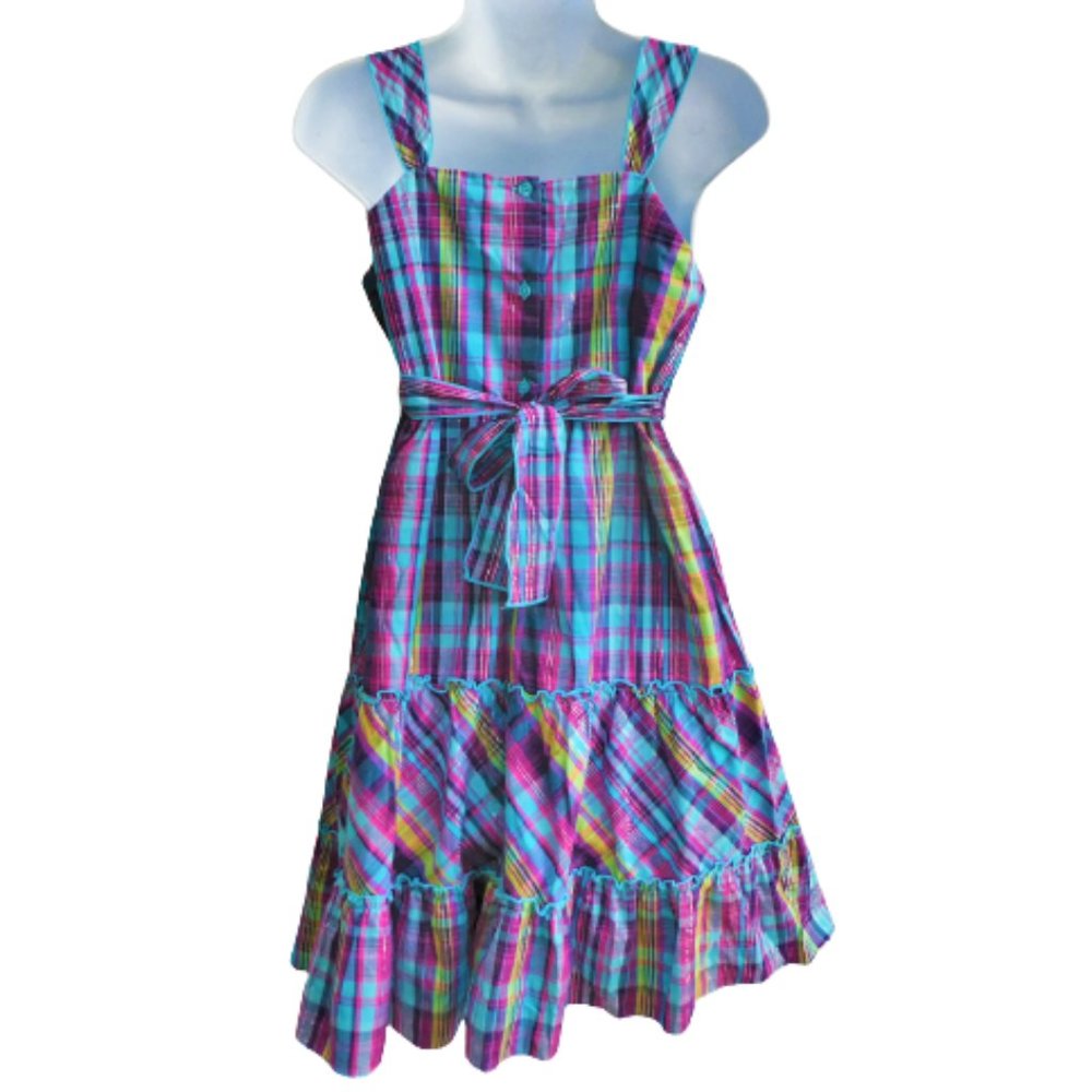 Vintage Girls Dress Plaid Ruffle Lurex Button Back Attached Tie Belt Fit Flare - Picture 2 of 10